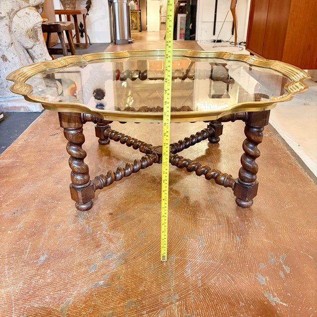 Baker Attributed Regency-Style Coffee Table Features a Distinctive Scalloped Brass Tray Top and a Barley Twist Oak Base For Sale - Image 12 of 12