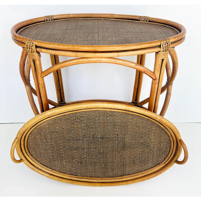 Vintage Rattan Grasscloth Oval Removable Tray Top Table For Sale - Image 4 of 10