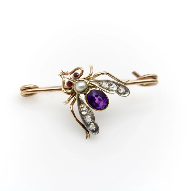 Late 19th Century Victorian 12k Gold Diamond, Amethyst, Pearl, and Garnet Fly Brooch For Sale - Image 4 of 6