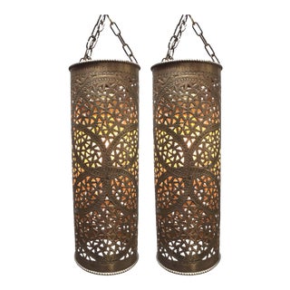 Moroccan Brass Filigree Designs Pendants Lights - a Pair For Sale