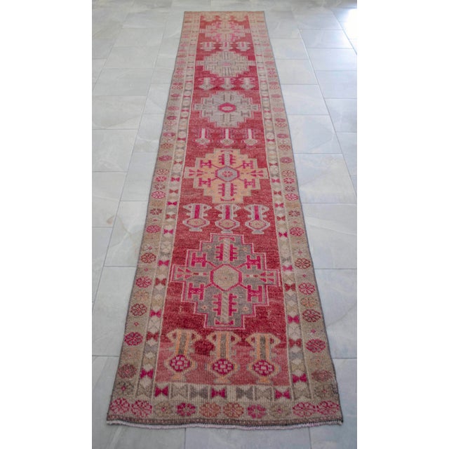 Hand-Knotted Turkish Runner Rug, Low Pile Hallway Rug Kitchen Decor - 3′ × 12′3″ For Sale - Image 17 of 18