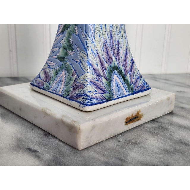 Vintage Italian Ceramic Table Lamp | Chinoiserie Feather & Bok Choy Leaf Pattern | Pastel Blue Green Purple Candlestick Accent Lamp For Sale - Image 15 of 16
