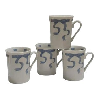 Vintage Neiman Marcus Trompe l'Oeil Blue Ribbon Porcelain Mugs- Set of 4 For Sale