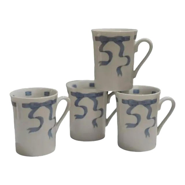 Vintage Neiman Marcus Trompe l'Oeil Blue Ribbon Porcelain Mugs- Set of 4 For Sale