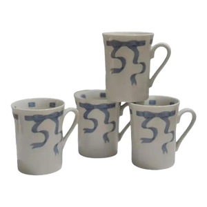 Vintage Neiman Marcus Trompe l'Oeil Blue Ribbon Porcelain Mugs- Set of 4