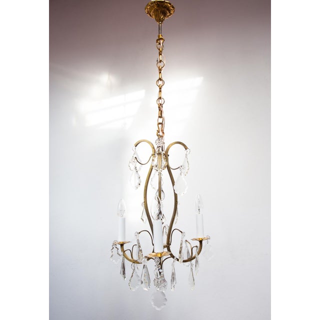 French Brass Chandelier with 3 Arms and Crystals, 1940s For Sale - Image 12 of 12
