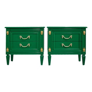Vintage Neoclassical Style Nightstands in Green Wreath Hardware a Pair- Newly Painted For Sale