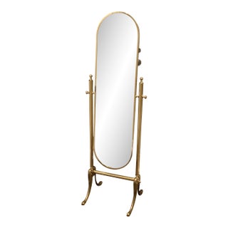 Vintage Brass Italian Neoclassical Cheval Standing Dressing Floor Beveled Mirror For Sale
