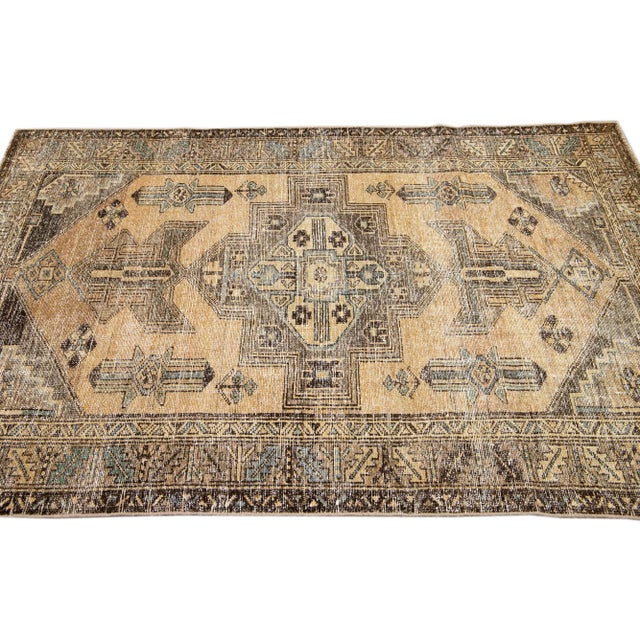 1960s 1960s Vintage Persian Distressed Handmade Geometric Brown Wool Rug For Sale - Image 5 of 7