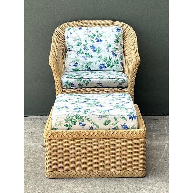 Vintage Woven Rattan Chair and Ottoman in Schumacher “Garden Gate” For Sale - Image 11 of 15