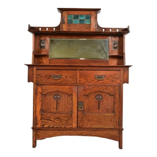 Liberty & Co. Antique English Arts & Crafts Oak Sideboard With Stained Glass Door, Circa 1900 For Sale