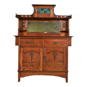 Liberty & Co. Antique English Arts & Crafts Oak Sideboard With Stained Glass Door, Circa 1900