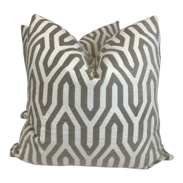 Geometric Jacquard in Ivory and Mocha 22" Pillows - a Pair For Sale