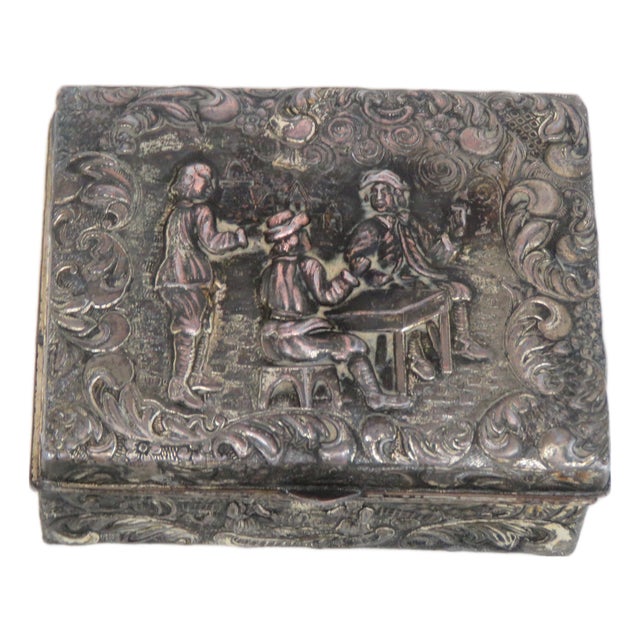 Embossed Metal Trinket Jewelry Snuff Box Made in Japan Figural Motif 4777b For Sale