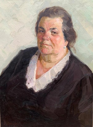 Vintage Portrait Painting, Woman in Black Dress, Original Oil on Canvas, Signed Artwork 79-58