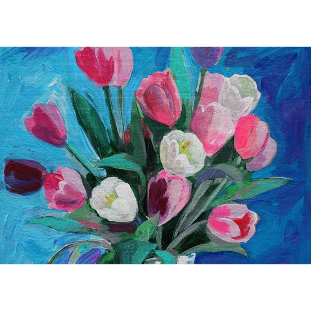 Impressionist "Tulips on the Ultramarine Background" Impressionist Acrylic Painting by Natalia Bessonova For Sale - Image 3 of 3