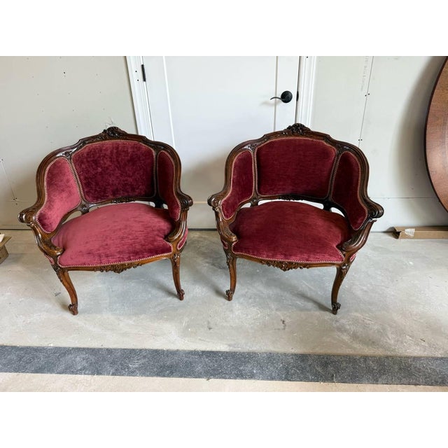 Pair of Vintage Rococo Style Carved Beige Armchairs Solid wood frame, well carved , sturdy and strong Upholstery is...