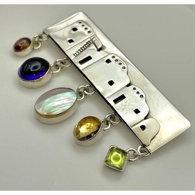 Metal Native American Sterling Silver Gemstone Brooch Navajo Signed Nakai Pueblo Adobe Village For Sale - Image 7 of 7