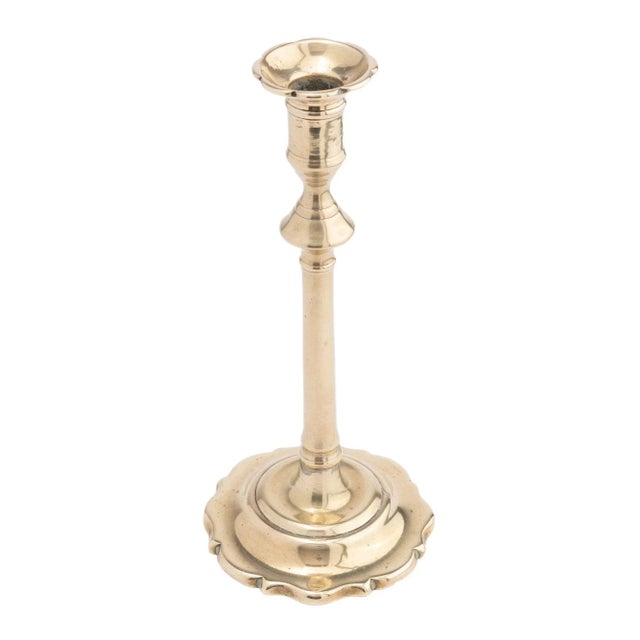English Queen Anne Cast Brass Candlestick With Scalloped Base, C. 1780 For Sale - Image 9 of 9