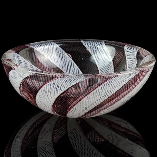 Murano Vintage Venini Murano Signed Made in Italy Amethyst White Zanfirico Ribbons Italian Art Glass Ring Dish Bowl For Sale - Image 4 of 7