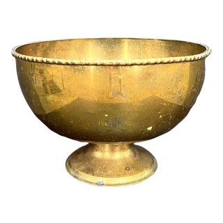 1950s Large Brass Pedestal Bowl with Bamboo Border For Sale