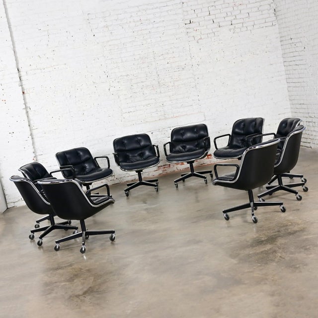 MCM to Modern Set of 10 Executive Armchairs by Charles Pollock for Knoll Black Leather & 4 Prong Swivel Base For Sale - Image 6 of 12