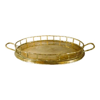 1970s Solid Brass Faux Bamboo Oval Gallery Serving Tray With Handles For Sale