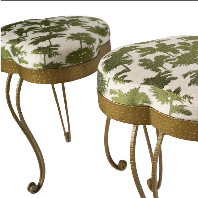 Beautiful newly upholstered pair of brass stools made in the 1940s by Pier Colli of Turin. Upholstered in Dedar fabric....