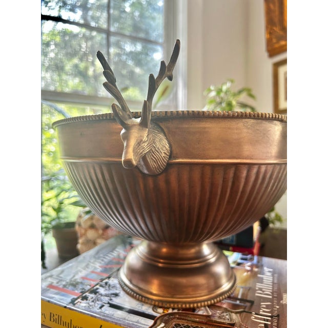 English Vintage Antique Finish Brass 12.5” Pedestal Centerpiece Bowl With Stag Deer Head Handles For Sale - Image 3 of 11