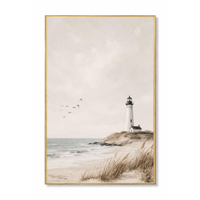 Minimalist coastal artwork featuring a lighthouse set along a quiet shoreline with soft neutral tones and gentle movement....
