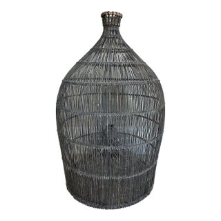 Vintage Large Wicker Charcoal Grey and Oatmeal Ceruse Fish Trap Basket For Sale