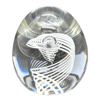 Signed Steuben White Swirl & Bubble Glass Egg Paperweight by George Thompson For Sale