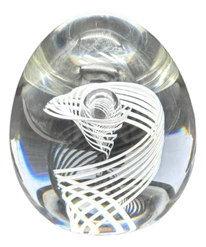 Signed Steuben White Swirl & Bubble Glass Egg Paperweight by George Thompson