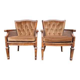 Mid Century Brown Velvet Tufted Lounge Chairs - a Pair For Sale