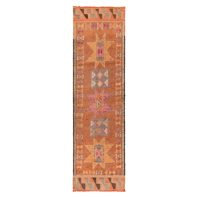 Textile 1950s Vintage Tribal Runner in Orange, Gray, Pink, Multihued Medallion Patterns For Sale - Image 7 of 7