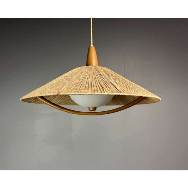 Large Mid-Century Teak and Sisal Cord Pendant Light from Temde Leuchten, 1960s For Sale - Image 11 of 11