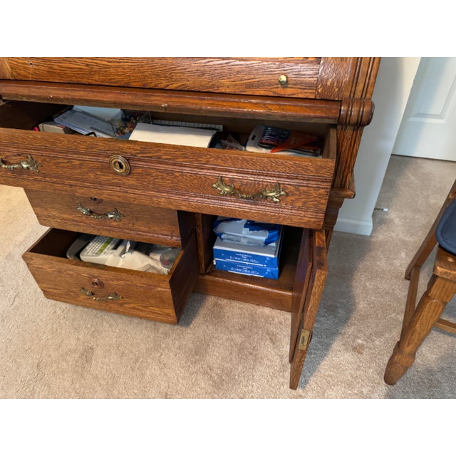 1900-1909 Tiger Oak Rolltop Secretary Cylinder Desk 82” X 36” W Glass Bookshelf For Sale - Image 9 of 12