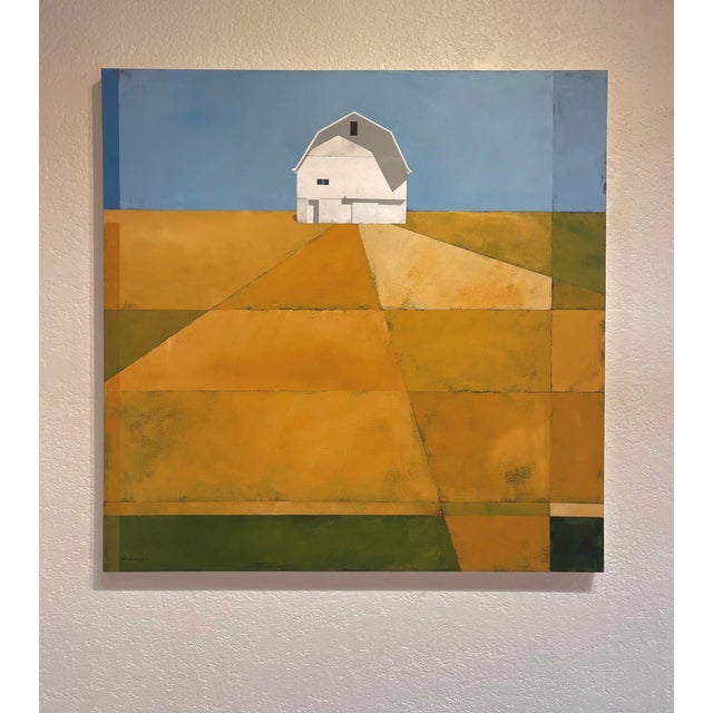 "Golden Fields" is an acrylic on canvas landscape painting by Justin Wheatley, completed in 2025. A small white barn with...