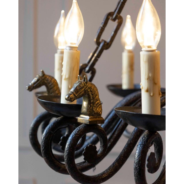 Mid 20th-Century French Wrought Iron Chandelier with Horse-Head Details For Sale - Image 11 of 11