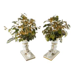 Pair of Italian Ceramic Ram's Head Cornucopia With Toleware Foliage