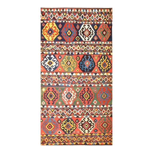 1870s Multicolor Diamond Tribal Antique Caucasian Kuba Kilim 6' X 11'4" Flatweave Wool Carpet For Sale