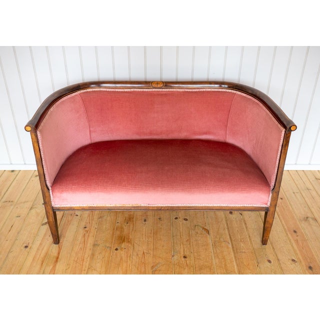 Wood Antique Art Nouveau Edwardian Mahogany Barrel Back 2-Seater Settee Sofa, 1910s For Sale - Image 7 of 18