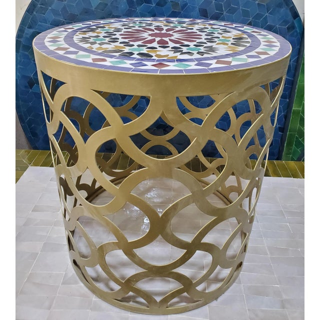 18" Settachia Beldia Style Mosaic Table With Gold Finish Base For Sale - Image 4 of 7