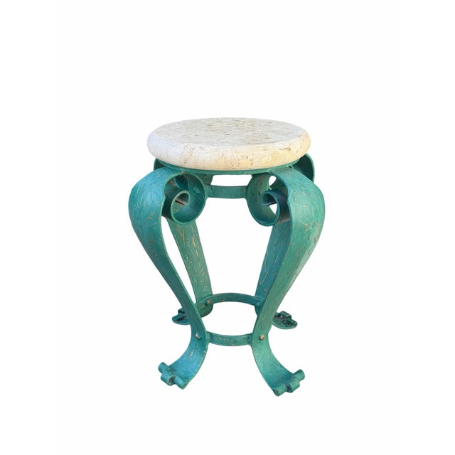 Vintage Hand-Painted Iron Side Table With Travertine Top For Sale - Image 4 of 12