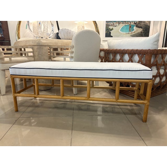 White Vintage Palm Beach Rattan Bench Newly Upholstered Navy Blue & White For Sale - Image 8 of 10