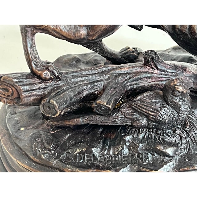 Metal Antique French Bronze Hunting Dog Sculpture Signed E. Delabrièrre – Animalier Pointer With Game Bird c.1900 For Sale - Image 7 of 11