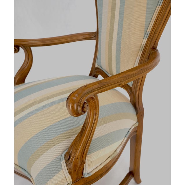 Pair Carved Striped Upholstery Tall Backs Carved Walnut Scallop Design Decorated For Sale - Image 17 of 17