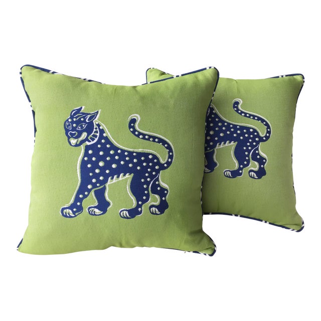 Thibaut “Misha” in Kiwi and Royal Sunbrella Outdoor Pillows a Pair