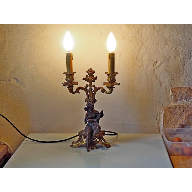 Gold Antique Victorian Rococo Revival French Bronze Harpist Candelabra Table Lamp, 1870s For Sale - Image 8 of 18