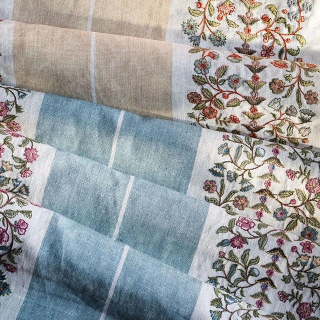 The Pergola Stripe design features embroidery on a striped linen cloth. The stripe taken from the Rose Pergola design has...